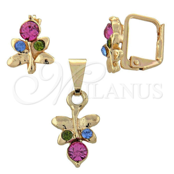 Oro Laminado Earring and Pendant Adult Set, Gold Filled Style Butterfly Design, with White Crystal, Polished, Golden Finish, 10.150.0042