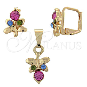 Oro Laminado Earring and Pendant Adult Set, Gold Filled Style Butterfly Design, with White Crystal, Polished, Golden Finish, 10.150.0042