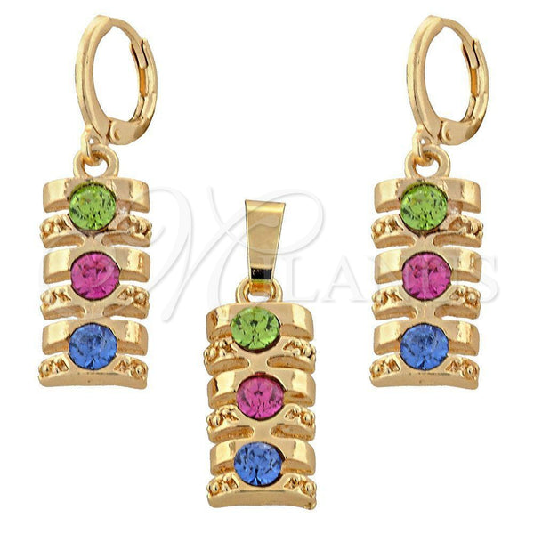 Oro Laminado Earring and Pendant Adult Set, Gold Filled Style with White Crystal, Polished, Golden Finish, 10.150.0047