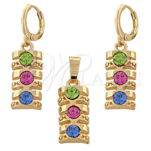 Oro Laminado Earring and Pendant Adult Set, Gold Filled Style with White Crystal, Polished, Golden Finish, 10.150.0047