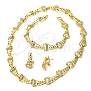 Oro Laminado Necklace, Bracelet and Earring, Gold Filled Style with White Crystal, Polished, Golden Finish, 06.59.0077