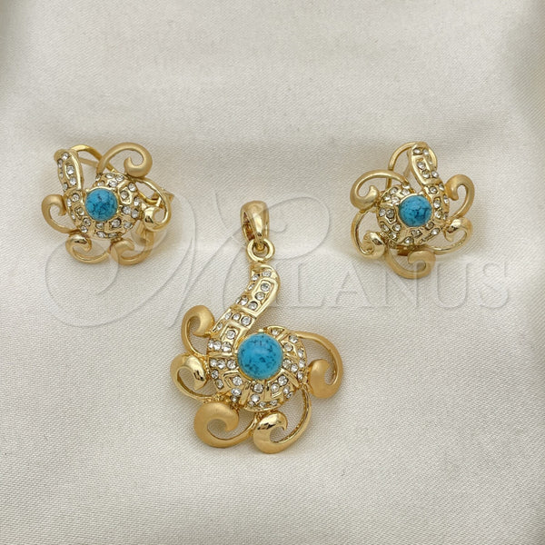 Oro Laminado Earring and Pendant Adult Set, Gold Filled Style Ball Design, with Blue Topaz Opal and White Crystal, Matte Finish, Golden Finish, 10.91.0290
