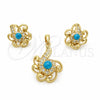 Oro Laminado Earring and Pendant Adult Set, Gold Filled Style Ball Design, with Blue Topaz Opal and White Crystal, Matte Finish, Golden Finish, 10.91.0290