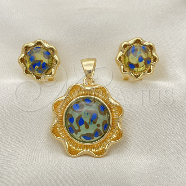 Oro Laminado Earring and Pendant Adult Set, Gold Filled Style Flower Design, with Multicolor Opal, Polished, Golden Finish, 10.91.0303