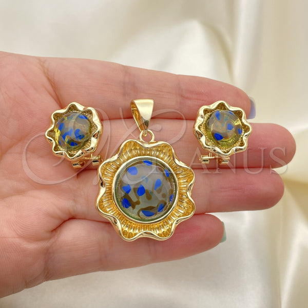 Oro Laminado Earring and Pendant Adult Set, Gold Filled Style Flower Design, with Multicolor Opal, Polished, Golden Finish, 10.91.0303