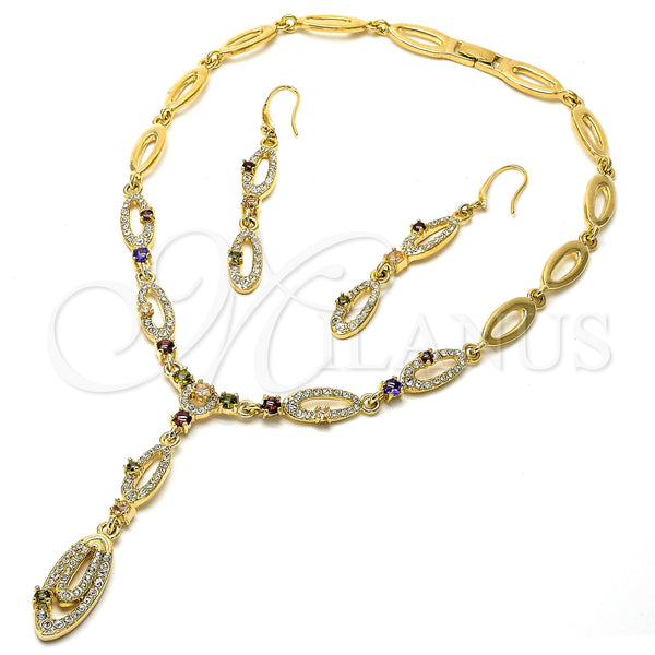 Oro Laminado Necklace and Earring, Gold Filled Style with White Crystal and Garnet Cubic Zirconia, Polished, Golden Finish, 06.59.0092