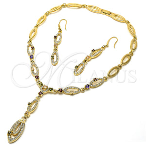 Oro Laminado Necklace and Earring, Gold Filled Style with White Crystal and Garnet Cubic Zirconia, Polished, Golden Finish, 06.59.0092