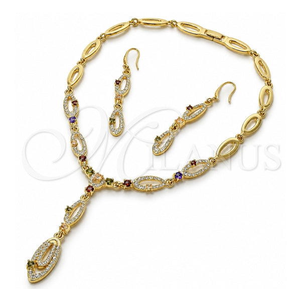 Oro Laminado Necklace and Earring, Gold Filled Style with White Crystal and Garnet Cubic Zirconia, Polished, Golden Finish, 06.59.0092