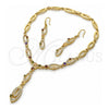 Oro Laminado Necklace and Earring, Gold Filled Style with White Crystal and Garnet Cubic Zirconia, Polished, Golden Finish, 06.59.0092