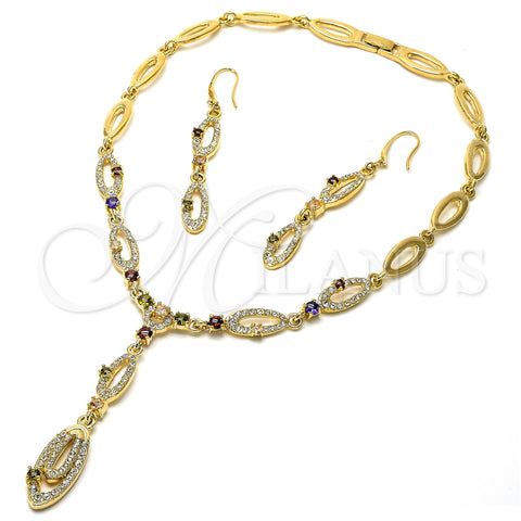Oro Laminado Necklace and Earring, Gold Filled Style with White Crystal and Garnet Cubic Zirconia, Polished, Golden Finish, 06.59.0092