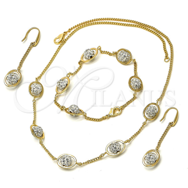 Oro Laminado Necklace, Bracelet and Earring, Gold Filled Style Ball Design, with White Crystal, Polished, Golden Finish, 06.59.0090