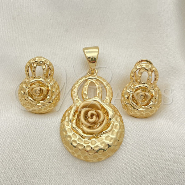Oro Laminado Earring and Pendant Adult Set, Gold Filled Style Flower Design, Matte Finish, Golden Finish, 10.91.0297
