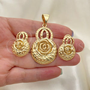Oro Laminado Earring and Pendant Adult Set, Gold Filled Style Flower Design, Matte Finish, Golden Finish, 10.91.0297