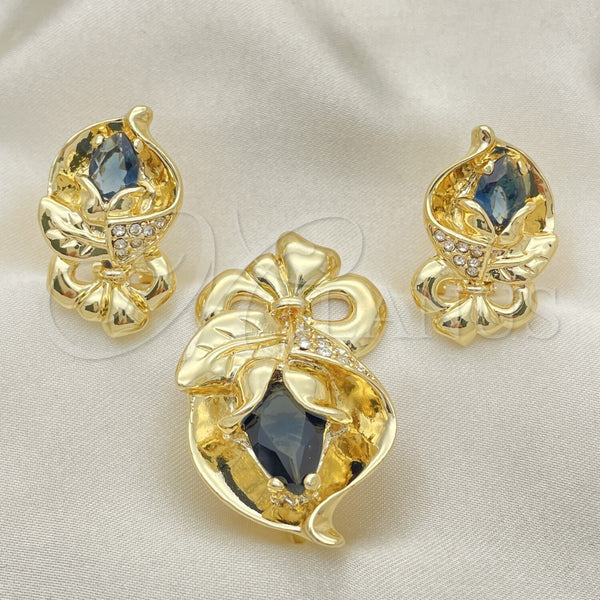 Oro Laminado Earring and Pendant Adult Set, Gold Filled Style Bow and Flower Design, with Black Cubic Zirconia and White Crystal, Polished, Golden Finish, 10.59.0193