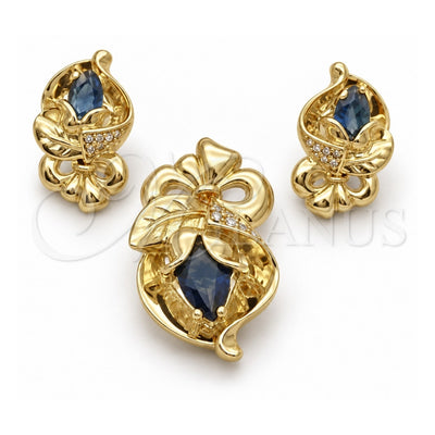 Oro Laminado Earring and Pendant Adult Set, Gold Filled Style Bow and Flower Design, with Black Cubic Zirconia and White Crystal, Polished, Golden Finish, 10.59.0193