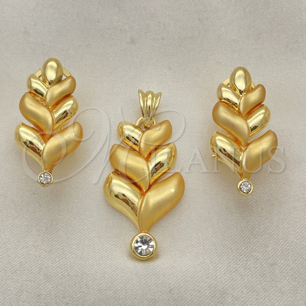 Oro Laminado Earring and Pendant Adult Set, Gold Filled Style Leaf Design, with White Crystal, Polished, Golden Finish, 10.59.0167