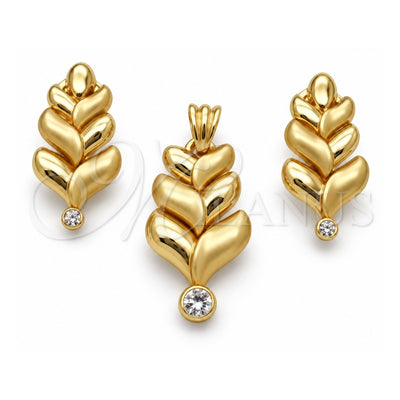 Oro Laminado Earring and Pendant Adult Set, Gold Filled Style Leaf Design, with White Crystal, Polished, Golden Finish, 10.59.0167