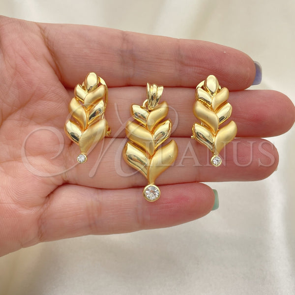 Oro Laminado Earring and Pendant Adult Set, Gold Filled Style Leaf Design, with White Crystal, Polished, Golden Finish, 10.59.0167