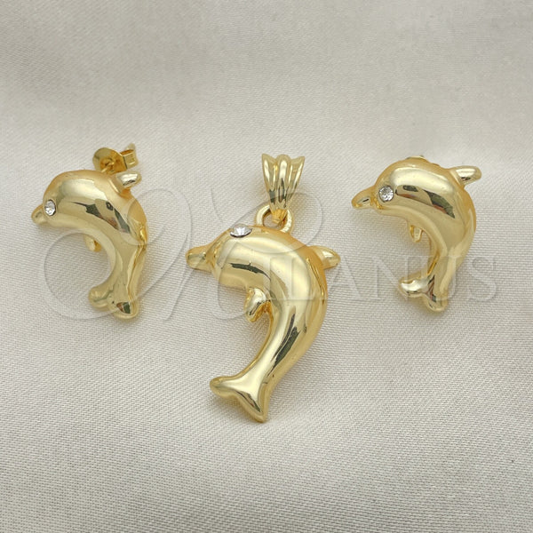 Oro Laminado Earring and Pendant Adult Set, Gold Filled Style Dolphin Design, with White Crystal, Polished, Golden Finish, 10.59.0177