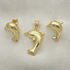Oro Laminado Earring and Pendant Adult Set, Gold Filled Style Dolphin Design, with White Crystal, Polished, Golden Finish, 10.59.0177