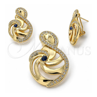 Oro Laminado Earring and Pendant Adult Set, Gold Filled Style Music Note Design, with Dark Violet and White Cubic Zirconia, Polished, Golden Finish, 10.59.0142.1