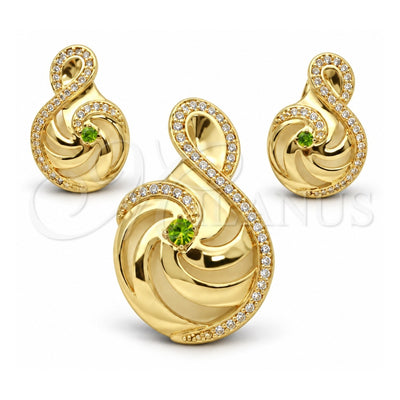 Oro Laminado Earring and Pendant Adult Set, Gold Filled Style Music Note Design, with Green and White Cubic Zirconia, Polished, Golden Finish, 10.59.0142