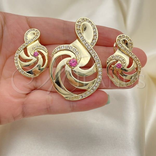 Oro Laminado Earring and Pendant Adult Set, Gold Filled Style Music Note Design, with Rhodolite and White Cubic Zirconia, Polished, Golden Finish, 10.59.0142.2