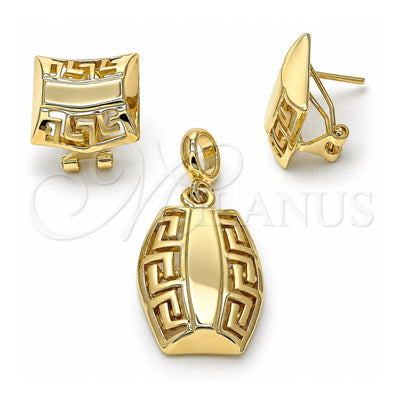 Oro Laminado Earring and Pendant Adult Set, Gold Filled Style Greek Key Design, Polished, Golden Finish, 10.59.0161
