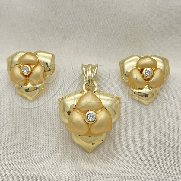 Oro Laminado Earring and Pendant Adult Set, Gold Filled Style Flower Design, with White Crystal, Matte Finish, Golden Finish, 10.59.0155