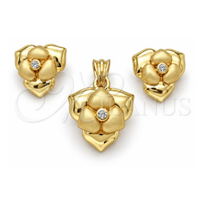 Oro Laminado Earring and Pendant Adult Set, Gold Filled Style Flower Design, with White Crystal, Matte Finish, Golden Finish, 10.59.0155