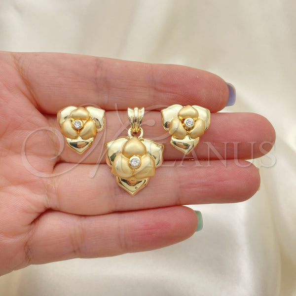 Oro Laminado Earring and Pendant Adult Set, Gold Filled Style Flower Design, with White Crystal, Matte Finish, Golden Finish, 10.59.0155