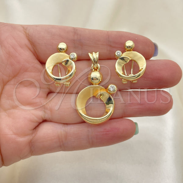 Oro Laminado Earring and Pendant Adult Set, Gold Filled Style with White Crystal, Polished, Golden Finish, 10.59.0146