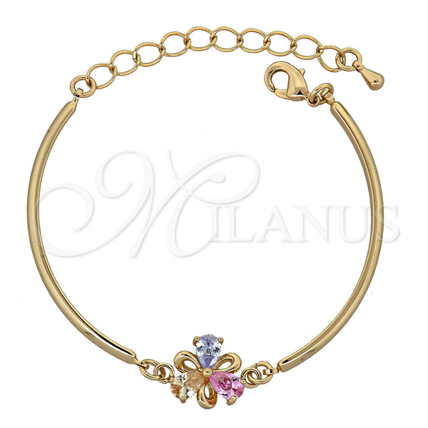 Oro Laminado Fancy Bracelet, Gold Filled Style Flower Design, with Multicolor Cubic Zirconia, Polished, Golden Finish, 03.65.1138 (7 Inches Length)