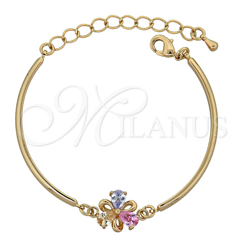 Oro Laminado Fancy Bracelet, Gold Filled Style Flower Design, with Multicolor Cubic Zirconia, Polished, Golden Finish, 03.65.1138 (7 Inches Length)