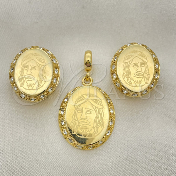 Oro Laminado Earring and Pendant Adult Set, Gold Filled Style Jesus Design, with White Cubic Zirconia, Polished, Golden Finish, 10.59.0162