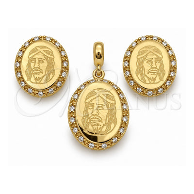 Oro Laminado Earring and Pendant Adult Set, Gold Filled Style Jesus Design, with White Cubic Zirconia, Polished, Golden Finish, 10.59.0162