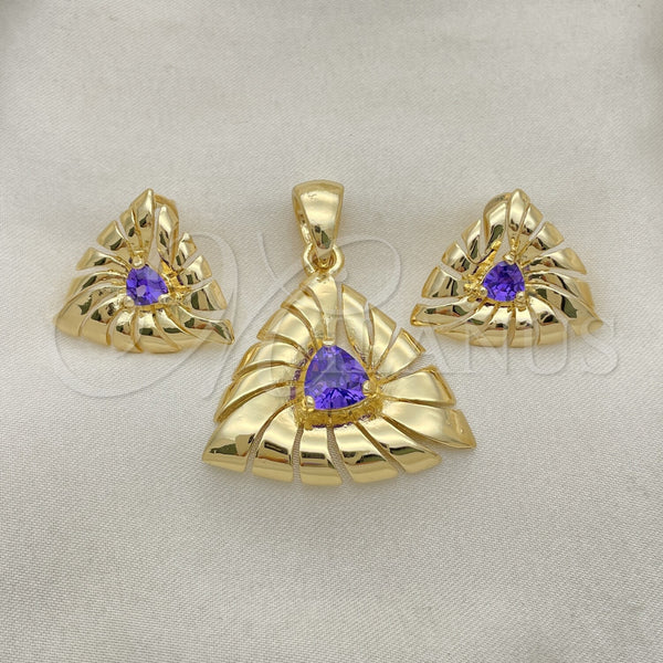 Oro Laminado Earring and Pendant Adult Set, Gold Filled Style with Dark Tanzanite Cubic Zirconia, Polished, Golden Finish, 10.59.0151