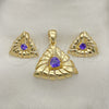 Oro Laminado Earring and Pendant Adult Set, Gold Filled Style with Dark Tanzanite Cubic Zirconia, Polished, Golden Finish, 10.59.0151