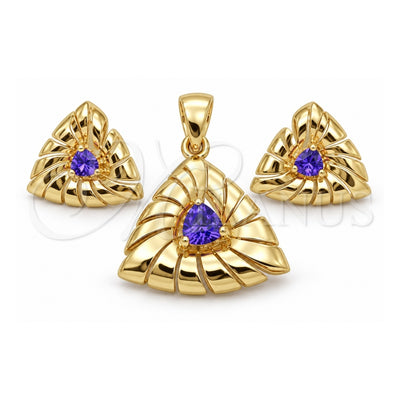 Oro Laminado Earring and Pendant Adult Set, Gold Filled Style with Dark Tanzanite Cubic Zirconia, Polished, Golden Finish, 10.59.0151