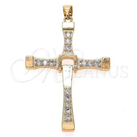 Oro Laminado Religious Pendant, Gold Filled Style Cross Design, with White Cubic Zirconia, Polished, Golden Finish, 05.195.0021