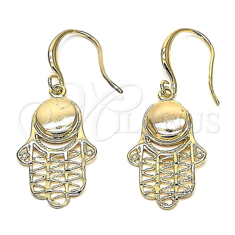 Oro Laminado Dangle Earring, Gold Filled Style Hand of God and Hand of God Design, Polished, Golden Finish, 02.59.0063