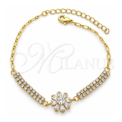 Oro Laminado Fancy Bracelet, Gold Filled Style Flower Design, with White Cubic Zirconia, Polished, Golden Finish, 03.60.0069 (0.35 Gauge, 50 MM Thickness, 9 Inches Length)