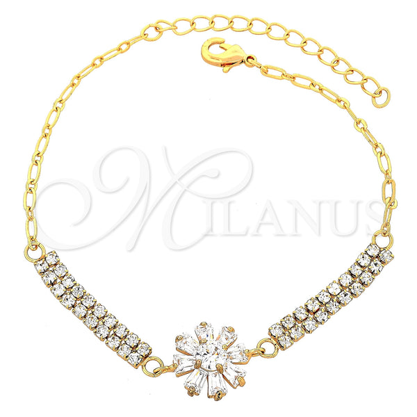 Oro Laminado Fancy Bracelet, Gold Filled Style Flower Design, with White Cubic Zirconia, Polished, Golden Finish, 03.60.0069 (0.35 Gauge, 50 MM Thickness, 9 Inches Length)