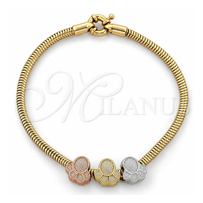 Oro Laminado Charm Bracelet, Gold Filled Style Feet and Rat Tail Design, Polished, Tricolor, 03.63.1180.06 (03 MM Thickness, 6 Inches Length)