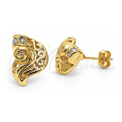 Oro Laminado Stud Earring, Gold Filled Style Leaf Design, with White Crystal, Polished, Golden Finish, 02.59.0037