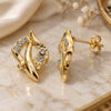 Oro Laminado Stud Earring, Gold Filled Style Leaf Design, with White Crystal, Polished, Golden Finish, 02.59.0028 *PROMO*