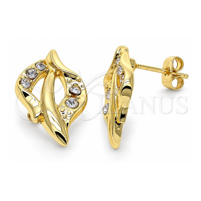 Oro Laminado Stud Earring, Gold Filled Style Leaf Design, with White Crystal, Polished, Golden Finish, 02.59.0028 *PROMO*