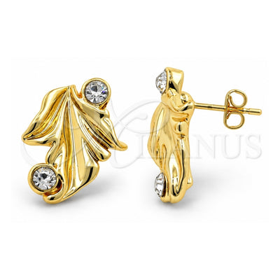 Oro Laminado Stud Earring, Gold Filled Style Leaf Design, with White Crystal, Diamond Cutting Finish, Golden Finish, 02.59.0038