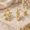 Oro Laminado Stud Earring, Gold Filled Style Heart and Flower Design, with White Crystal, Polished, Golden Finish, 02.59.0031 *PROMO*