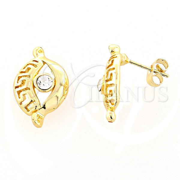 Oro Laminado Stud Earring, Gold Filled Style Greek Key and Evil Eye Design, with White Crystal, Polished, Golden Finish, 02.59.0032 *PROMO*